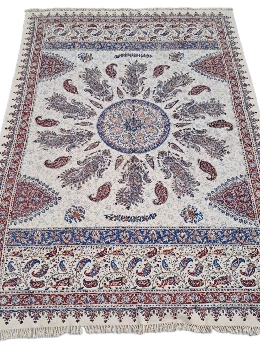 Vintage Persian Ghalamkar Tablecloth Hand Block Print Cotton Isfahan Ebadi 51x76